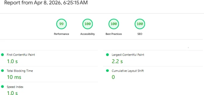 Google PageSpeed Insights mobile result for Studio 925: Performance 99, Accessibility 100, Best Practices 100, SEO 100. First Contentful Paint 1.0s, Largest Contentful Paint 2.2s, Total Blocking Time 10ms, Cumulative Layout Shift 0, Speed Index 1.0s.